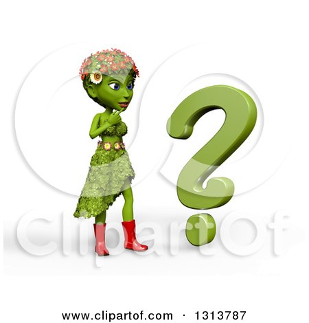 Clipart of a 3d Green Nature Woman Wearing Leaves and Flowers, Thinking by a Question Mark - Royalty Free Illustration by Michael Schmeling