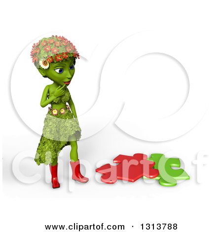 Clipart of a 3d Green Nature Woman Wearing Leaves and Flowers, Thinking by Puzzle Pieces - Royalty Free Illustration by Michael Schmeling