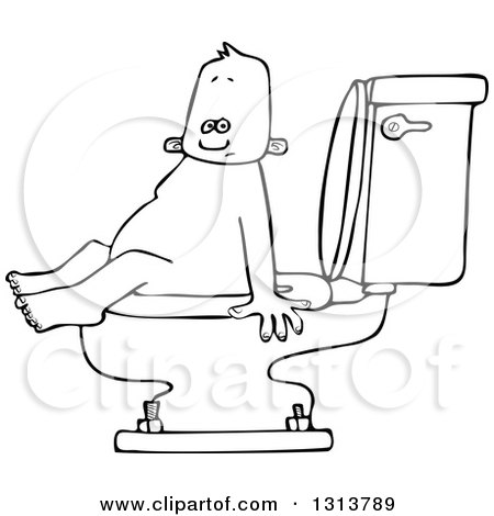 Outline Clipart of a Cartoon Black and White Baby Boy Sitting on a Toilet - Royalty Free Lineart Vector Illustration by djart