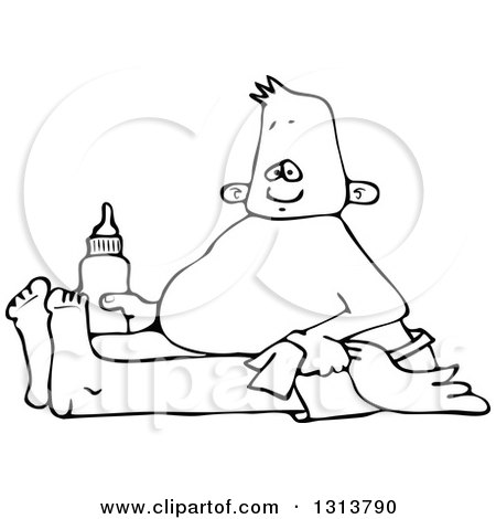 Outline Clipart of a Cartoon Black and White Baby Boy Sitting with a Blanket and Bottle - Royalty Free Lineart Vector Illustration by djart