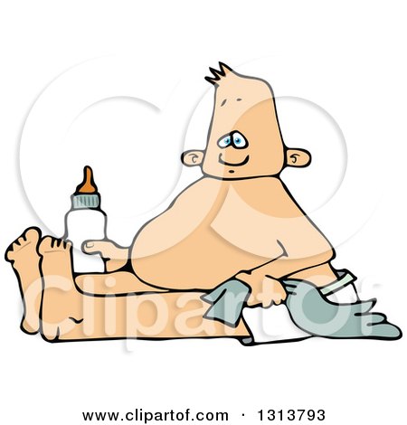 Clipart of a Cartoon White Baby Boy Sitting with a Blanket and Bottle - Royalty Free Vector Illustration by djart