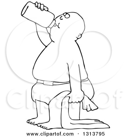 Outline Clipart of a Cartoon Black and White Baby Boy Standing with a Blanket and Drinking from a Bottle - Royalty Free Lineart Vector Illustration by djart