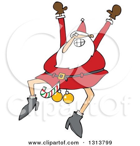 Clipart of a Cartoon Christmas Santa Claus Jumping with a Candy Cane and Ornaments Between His Legs - Royalty Free Vector Illustration by djart