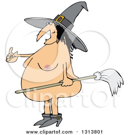 Clipart of a Cartoon Fat Naked Witch Beckoning and Holding a Broom - Royalty Free Vector Illustration by djart