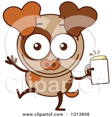 Clipart of a Cartoon Brown Dog Character Waving and Holding a Beer - Royalty Free Vector Illustration by Zooco