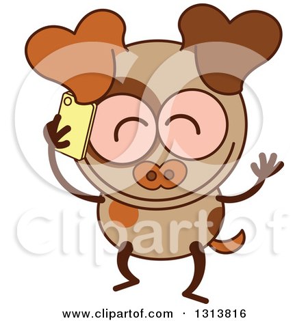 Clipart of a Cartoon Brown Dog Character Talking on a Smart Phone - Royalty Free Vector Illustration by Zooco