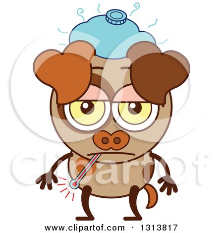 Clipart of a Cartoon Sick Brown Dog Character with a Thermometer and Ice Pack - Royalty Free Vector Illustration by Zooco