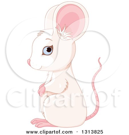 Clipart of a Cute Blue Eyed White Mouse with a Pink Tail and Ears, Facing Left - Royalty Free Vector Illustration by Pushkin