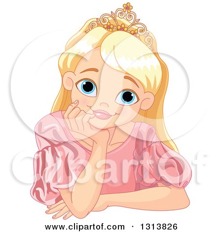 Clipart of a Happy Blond, Blue Eyed Caucasian Princess with a Dreamy Expression, Resting Her Chin in Her Hand - Royalty Free Vector Illustration by Pushkin