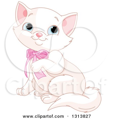 Clipart of a Cute Blue Eyed White Cat Wearing a Pink Bow and Lifting a Paw - Royalty Free Vector Illustration by Pushkin