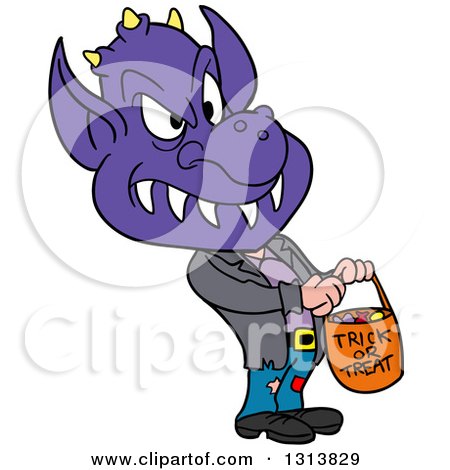 Clipart of a Halloween Kid in a Monster Costume, Trick or Treating - Royalty Free Vector Illustration by LaffToon