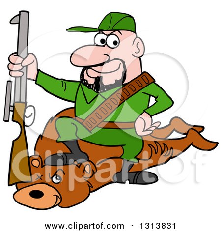 Clipart of a Cartoon Caucasian Male Hunter Sitting on a Bear with a a Boot on the Neck - Royalty Free Vector Illustration by LaffToon