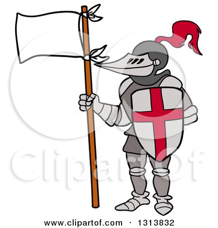 Clipart of a Cartoon Knight Wearing Armour, Holding a Shield and Flag - Royalty Free Vector Illustration by LaffToon