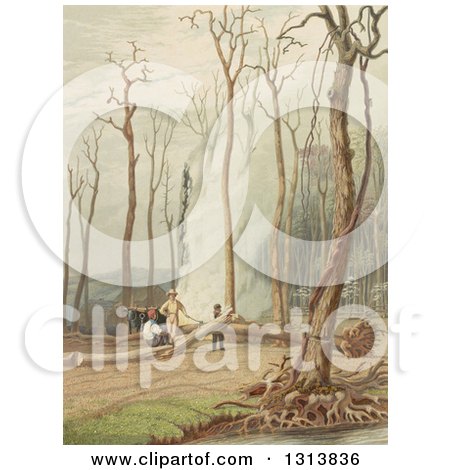 Clipart of a Frontier Family Clearing Land and Burning by Their Cabins - Royalty Free Illustration by Picsburg