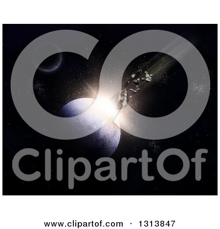 Clipart of a 3d Background of Meteorites Colliding into Planet Earth - Royalty Free Illustration by KJ Pargeter