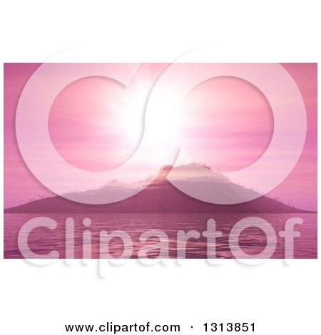 Clipart of a 3d Mountainous Island Against a Pink Ocean Sunset - Royalty Free Illustration by KJ Pargeter