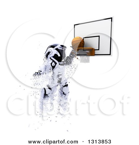 Clipart of a 3d Robot Basketball Player Making a Slam Dunk, with Shard Effect, on White - Royalty Free Illustration by KJ Pargeter