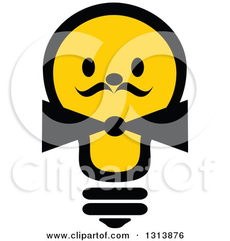 Clipart of a Shining Yellow Light Bulb Character with a Bow Tie and Mustache - Royalty Free Vector Illustration by Vector Tradition SM