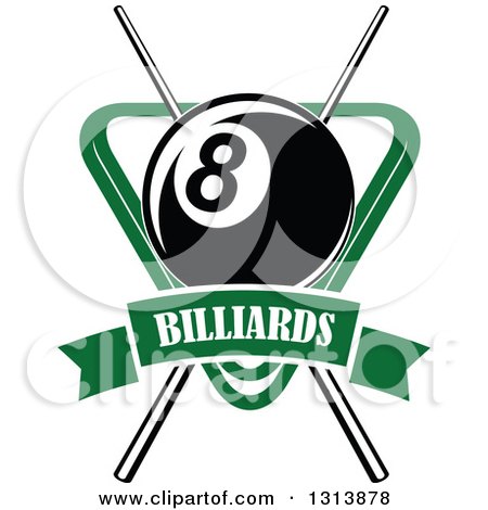 Clipart of a Billiard Eightball over Crossed Cue Sticks and a Green Rack with a Text Banner - Royalty Free Vector Illustration by Vector Tradition SM