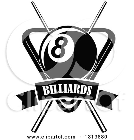 Clipart of a Black and White Billiard Eightball over Crossed Cue Sticks and a Rack with a Text Banner - Royalty Free Vector Illustration by Vector Tradition SM