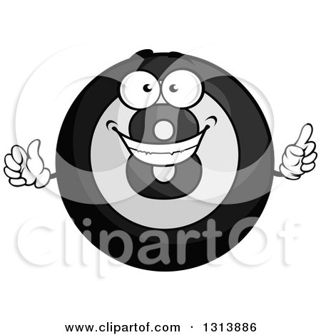 Clipart of a Cartoon Grayscale Shiny Billiard Eightball Character Holding up a Finger - Royalty Free Vector Illustration by Vector Tradition SM