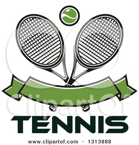Clipart of Crossed Tennis Rackets with a Ball over a Blank Green Banner and Text - Royalty Free Vector Illustration by Vector Tradition SM