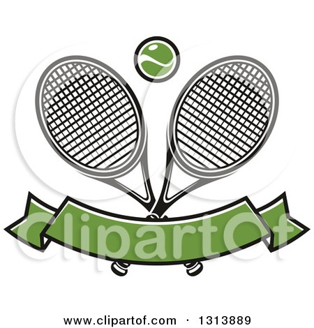 Clipart of Crossed Tennis Rackets with a Ball over a Blank Green Banner - Royalty Free Vector Illustration by Vector Tradition SM
