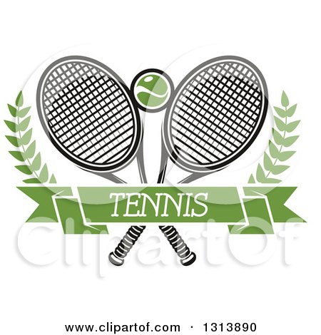 Clipart of Crossed Tennis Rackets with a Ball, Branches and a Green Text Banner - Royalty Free Vector Illustration by Vector Tradition SM