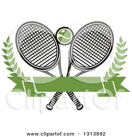 Clipart of Crossed Tennis Rackets with a Ball, Branches and a Blank Green Banner 2 - Royalty Free Vector Illustration by Vector Tradition SM