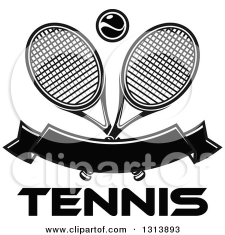 Clipart of Crossed Black and White Tennis Rackets with a Ball over a Blank Banner and Text - Royalty Free Vector Illustration by Vector Tradition SM