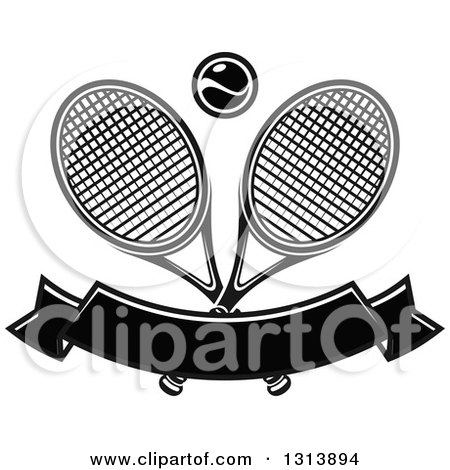 Clipart of Crossed Black and White Tennis Rackets with a Ball over a Blank Banner - Royalty Free Vector Illustration by Vector Tradition SM