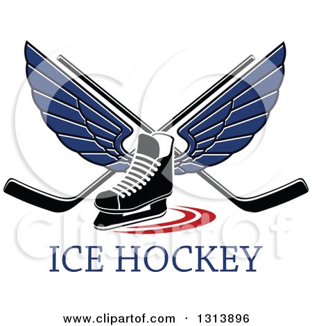 Clipart of a Blue Winged Ice Hockey Skate with Crossed Sticks over Text - Royalty Free Vector Illustration by Vector Tradition SM