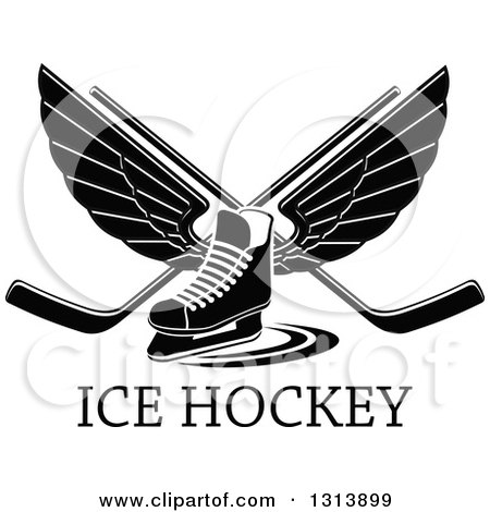 Clipart of a Black and White Winged Ice Hockey Skate with Crossed Sticks over Text - Royalty Free Vector Illustration by Vector Tradition SM