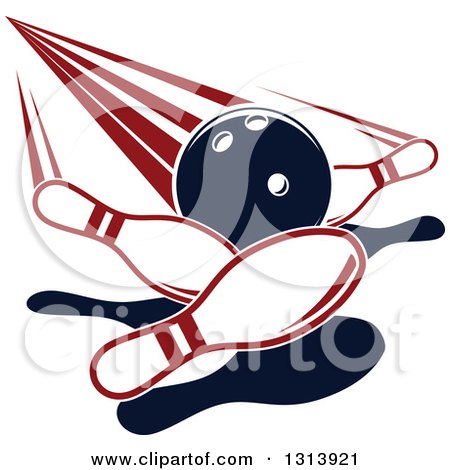 Clipart of a Navy Blue Bowling Ball Knocking down Red and White Pins - Royalty Free Vector Illustration by Vector Tradition SM