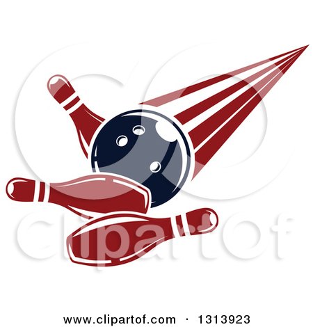 Clipart of a Navy Blue Bowling Ball Knocking down Red and White Pins 2 - Royalty Free Vector Illustration by Vector Tradition SM