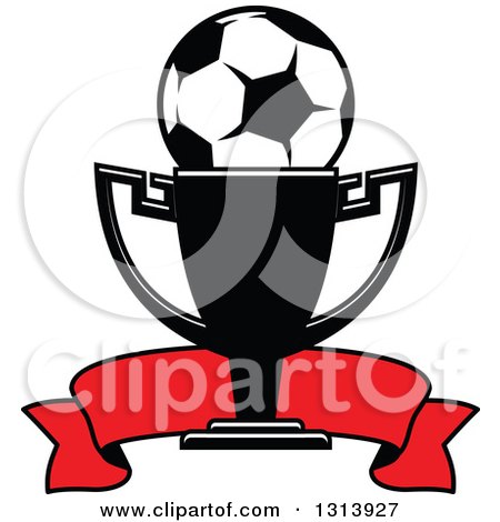 Clipart of a Soccer Ball in a Championship Trophy Cup with a Red Banner - Royalty Free Vector Illustration by Vector Tradition SM