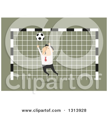 Clipart of a Flat Design White Businessman Trying to Block a Soccer Ball in a Goal Net, over Green - Royalty Free Vector Illustration by Vector Tradition SM