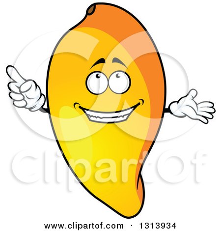 Clipart of a Cartoon Happy Mango Character Holding up a Finger and Presenting - Royalty Free Vector Illustration by Vector Tradition SM