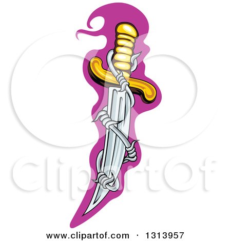 Clipart of a Sharp Dagger Blade with Barbed Wire over Purple - Royalty Free Vector Illustration by Vector Tradition SM