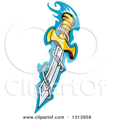 Clipart of a Sharp Dagger Blade with Barbed Wire over Blue - Royalty Free Vector Illustration by Vector Tradition SM