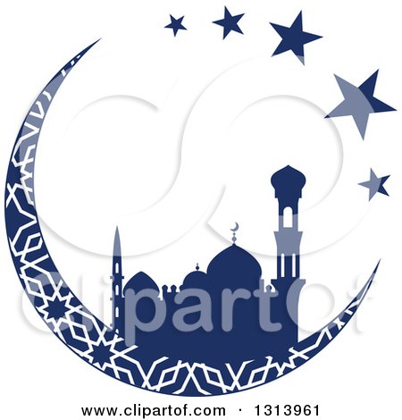 Clipart of a Blue Silhouetted Mosque in a Patterned Crescent Moon with Stars, Ramadan Kareem for Muslim Holy Month - Royalty Free Vector Illustration by Vector Tradition SM