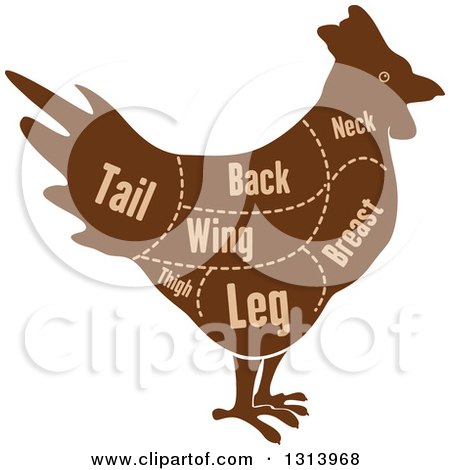 Clipart of a Brown Silhouetted Chicken with Cuts of Poultry Meat and Text - Royalty Free Vector Illustration by Vector Tradition SM