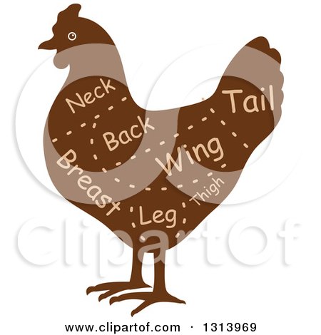 Clipart of a Brown Silhouetted Chicken with Cuts of Poultry Meat and Text 2 - Royalty Free Vector Illustration by Vector Tradition SM