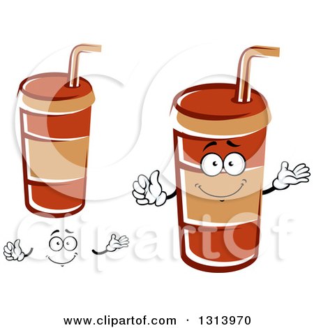 Clipart of a Cartoon Face, Hands and Brown Fountain Soda Cups - Royalty Free Vector Illustration by Vector Tradition SM