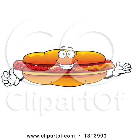 Clipart of a Cartoon Happy Hot Dog Character Presenting and Giving a Thumb up - Royalty Free Vector Illustration by Vector Tradition SM