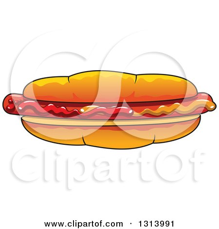 Clipart of a Cartoon Hot Dog Garnished with Mustard and Ketchup - Royalty Free Vector Illustration by Vector Tradition SM