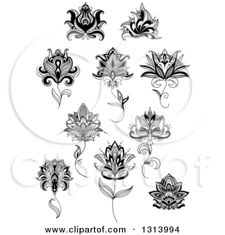 Clipart of Black and White Henna and Lotus Flowers 10 - Royalty Free Vector Illustration by Vector Tradition SM