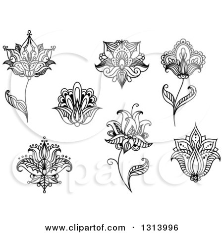 Clipart of Black and White Henna and Lotus Flowers 11 - Royalty Free Vector Illustration by Vector Tradition SM