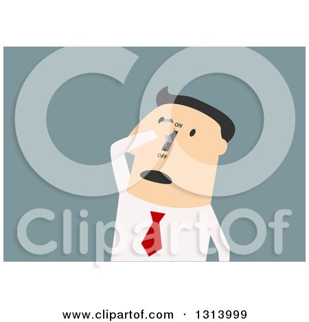 Clipart of a Flat Design White Businessman Turning on a Switch on His Face, over Blue - Royalty Free Vector Illustration by Vector Tradition SM