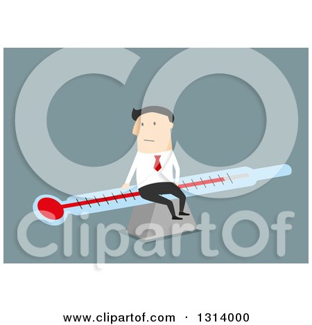Clipart of a Flat Design White Businessman Sitting on a Thermometer, over Blue - Royalty Free Vector Illustration by Vector Tradition SM